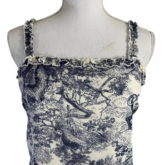 Aqua Blouse Size Small Off White and Blue Jungle Scene Tiger Trees Ruffle Trim - Picture 4 of 7